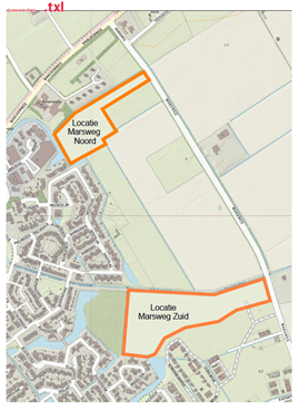 kaartje met de bouwlocaties van Marsweg Noord en Marsweg Zuid