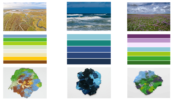 Afbeelding van landschappen met daaruit afgeleide kleurlijnen, en vertaling naar kunstwerk