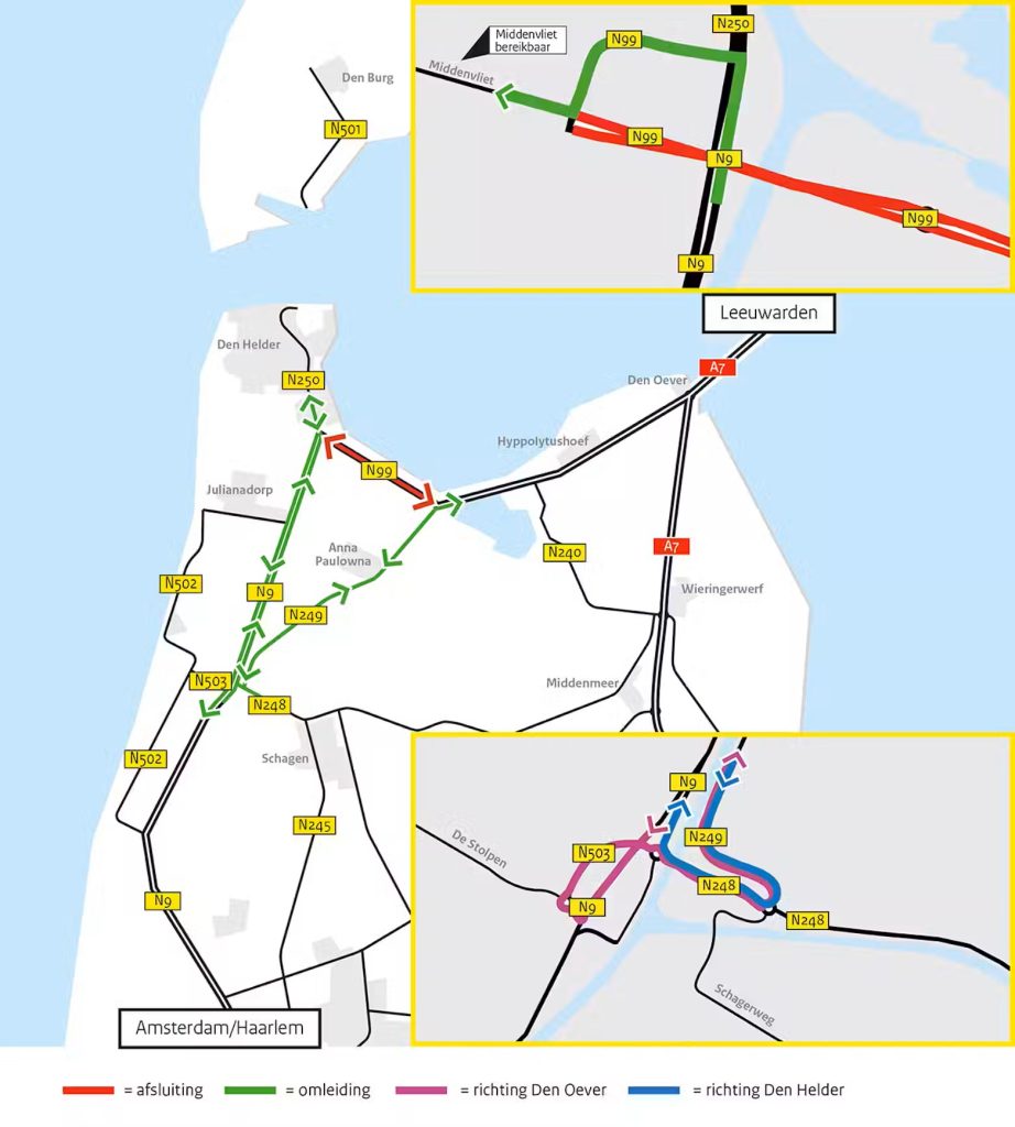 omleidingskaartje tijdens afsluiting weg N99