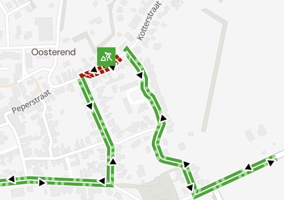 plattegrond met daarop ingetekend de gedeeltelijke afsluiting van de Peperstraat in Oosterend