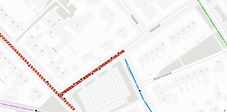 plattegrond met daarop ingetekend de afsluiting van de kruising Wilhelminalaan/Drijverstraat