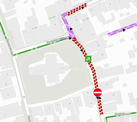 plattegrond met daarop ingetekend de tijdelijke afsluiting van de Kerkstraat in Oosterend