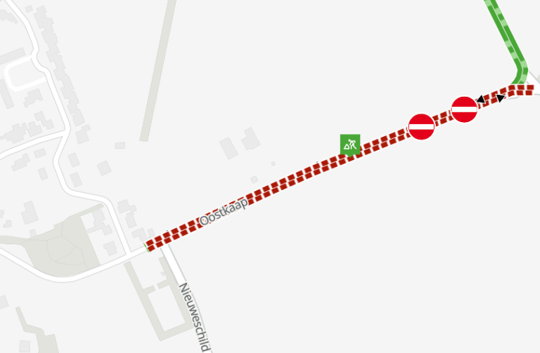 Plattegrond met daarop ingetekend de tijdelijke afsluiting van een deel van Oostkaap