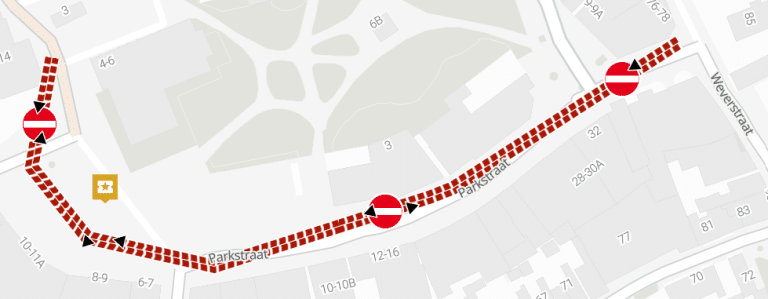 plattegrond met daarop ingetekend de afsluiting van de Parkstraat en Groeneplaats tijdens de herfstmarkt in Den Burg